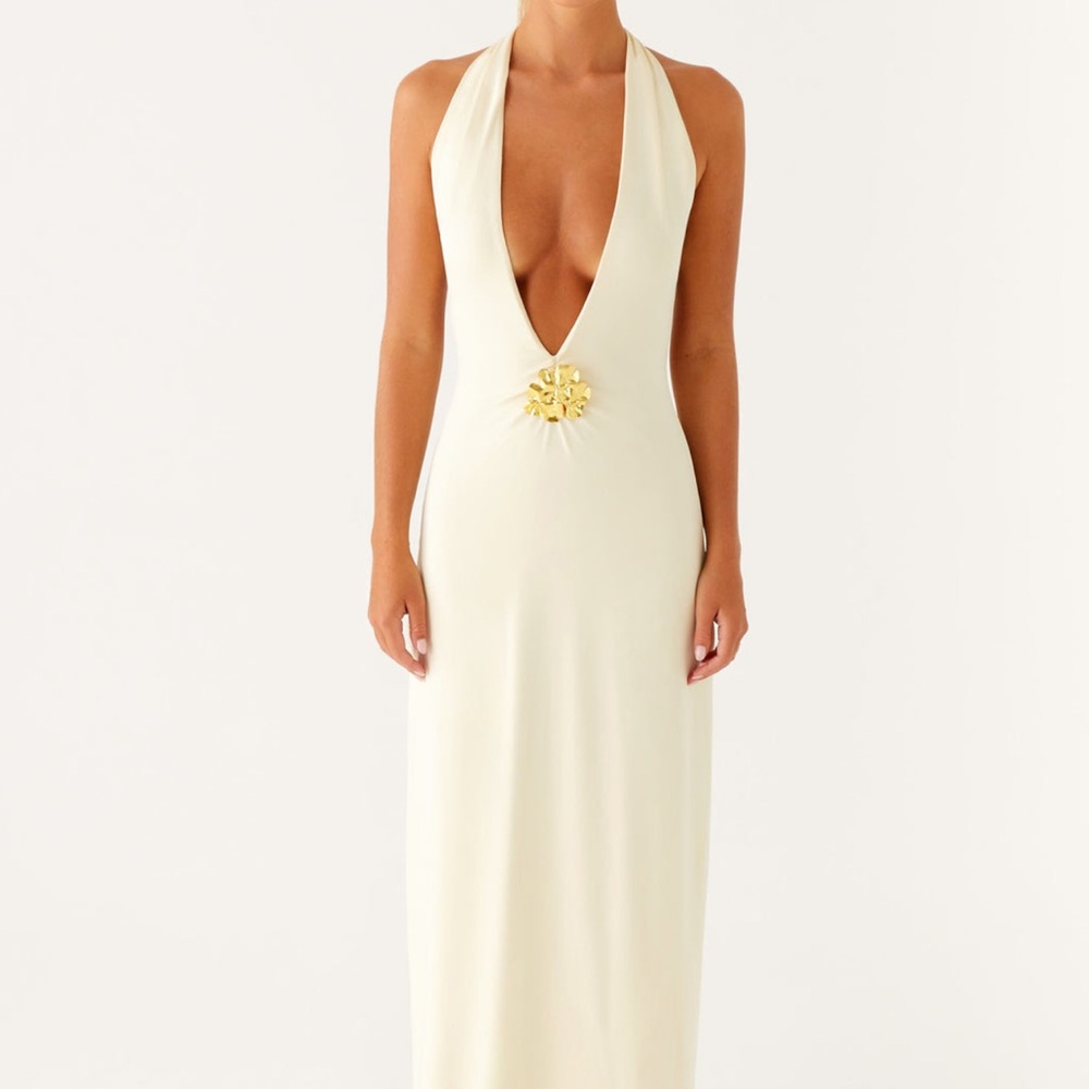 PepperMayo Cream Halter Neck Maxi Dress with Gold flower